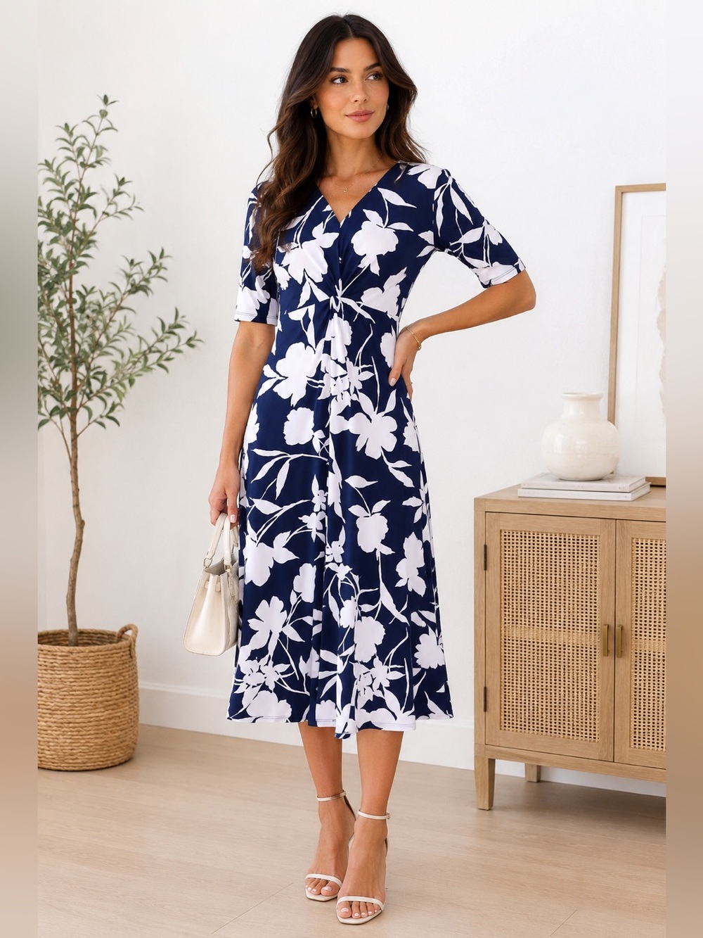 MSK Navy Floral Twist Front Midi Dress NWT Large Elegant Career Office
